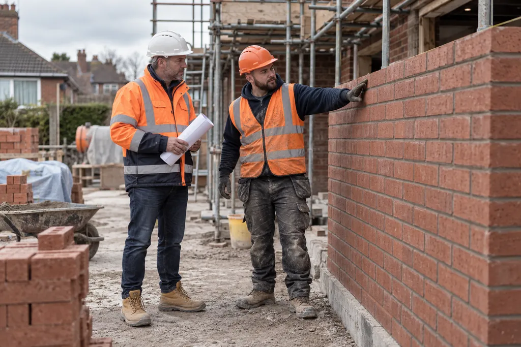 A site supervisor and bricklayer reviewing a red-brick wall beside a residential extension