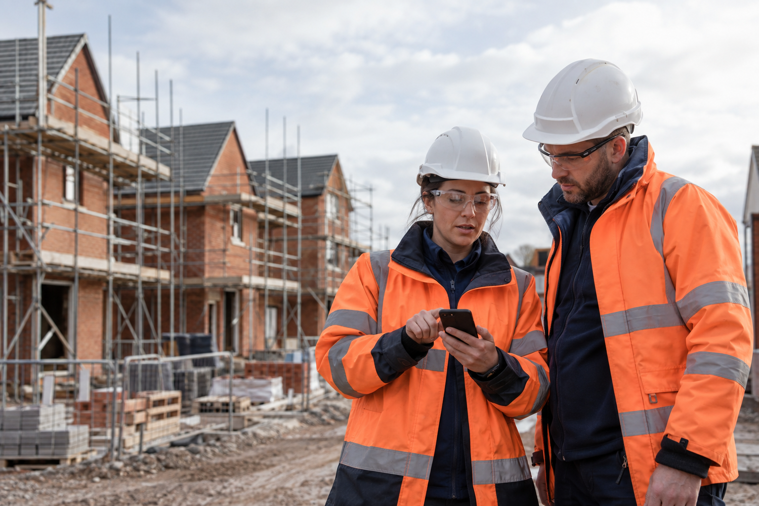 Two construction professionals reviewing an update at a brick housing site